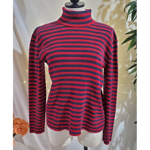 Vtg Lauren Ralph Lauren Striped Ribbed Logo Turtleneck Size XL Cotton Sweater - Picture 1 of 9